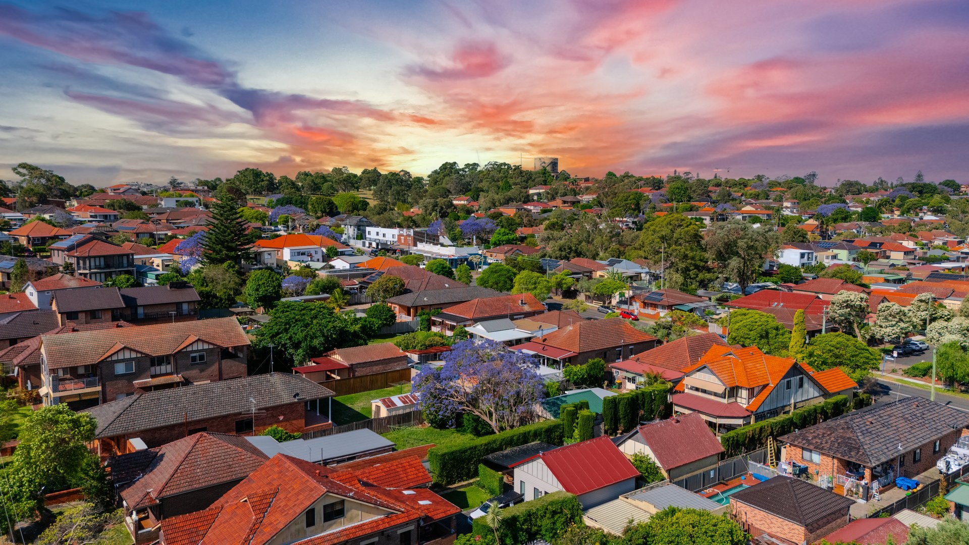 Panorama Sunset aerial drone view of western Sydney Suburbs of Canterbury Burwood Ashfield Marrickville Campsie with Houses roads and parks in Sydney New South Wales NSW Australia